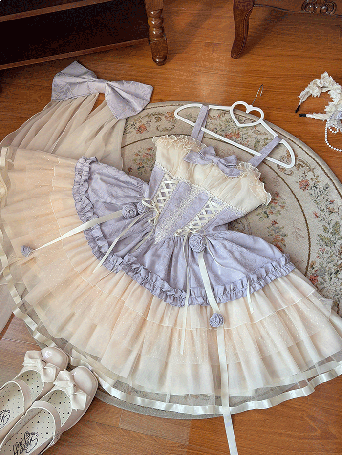 Train Beige and Purple Big Corset Sweet Lolita Balletcore Dress Waist Lace-up with Bow JSK