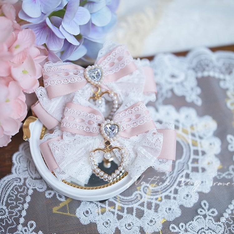 Herz Strass Jirai Kei Spitze Schleife Haarspangen Blau/SchwarzWeiß/Weiß Rosa/Hellstaubig