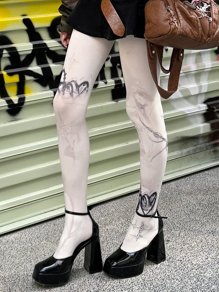 White 100D Punk Print Tights