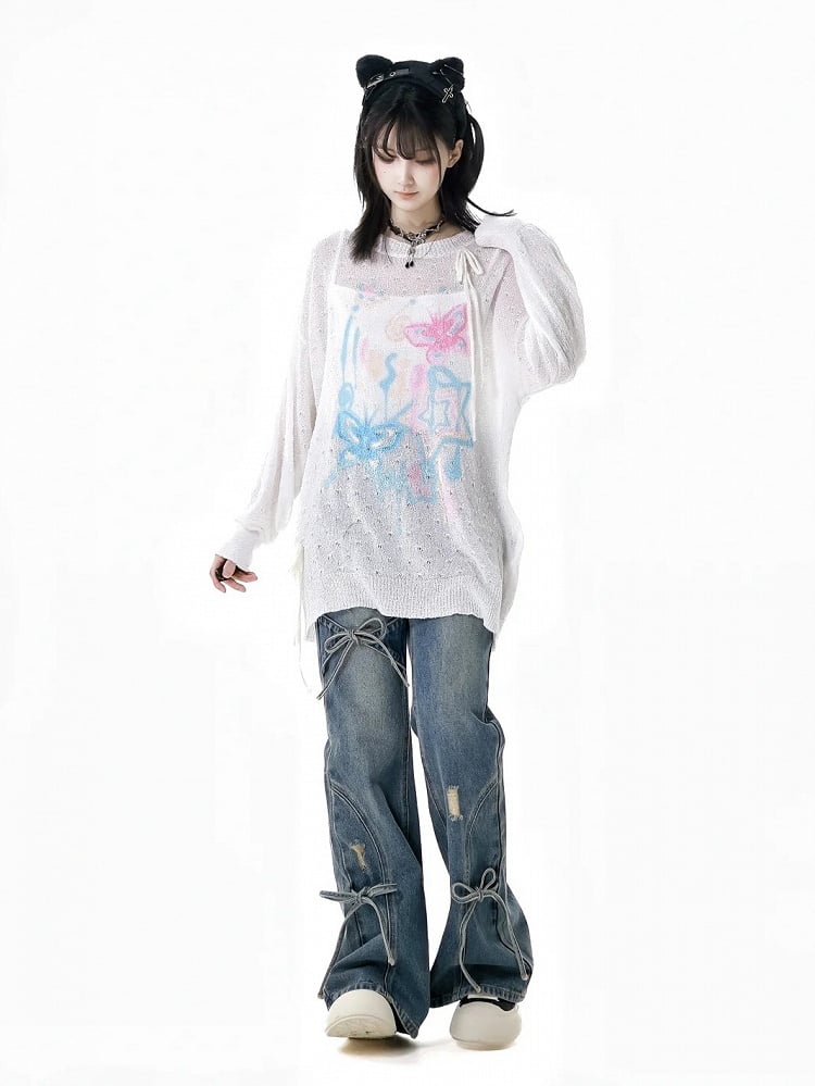 Bow Accents Flared Jeans Blue Faded Wash Distressed Holes Light