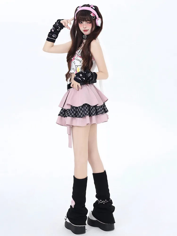 Pink Tiered with Sweet Free Skirt Waist Belt