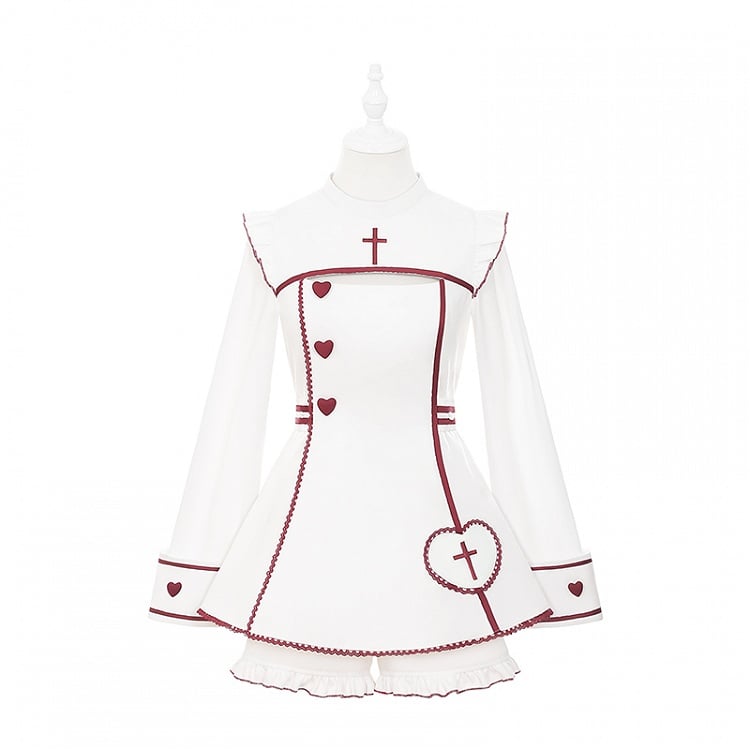 Maid Set: Halloween-themed Embroidery Buttons Cross Heart White Red Dress with + Kawaii Shorts Yami