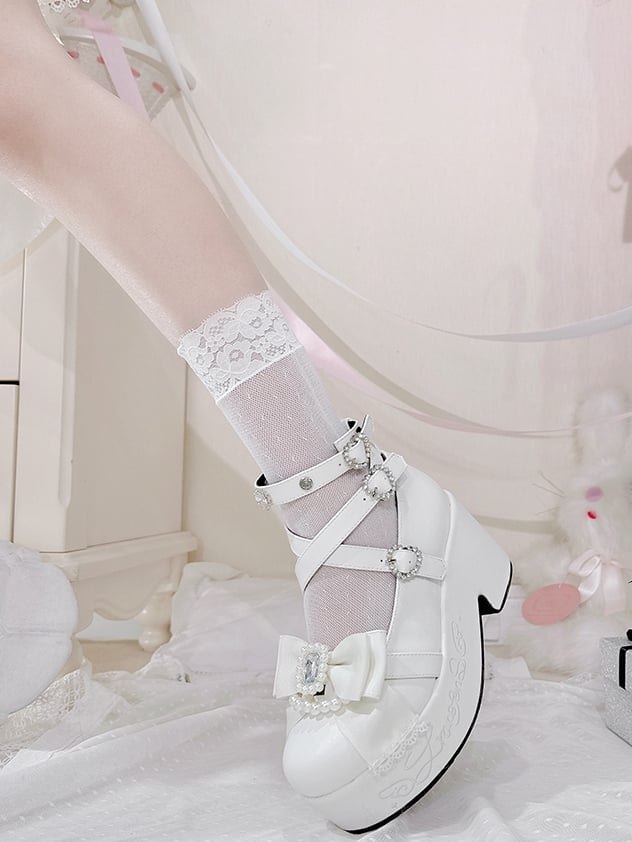 Matte Rhinestone And Bow White Block Kei at High Platform Beaded Jirai Decorated Heels Top