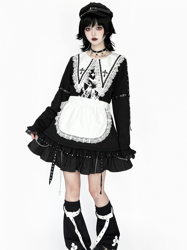 with Black Top: Criss-Cross Cross Pointed Harajuku Style Collar White Jirai Straps Kei Sleeve