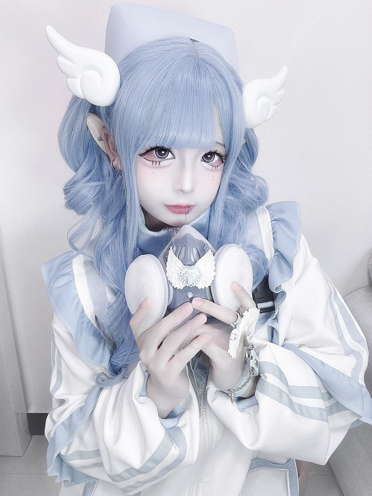With Air Wig 70CM Length Bangs Wavy Blue