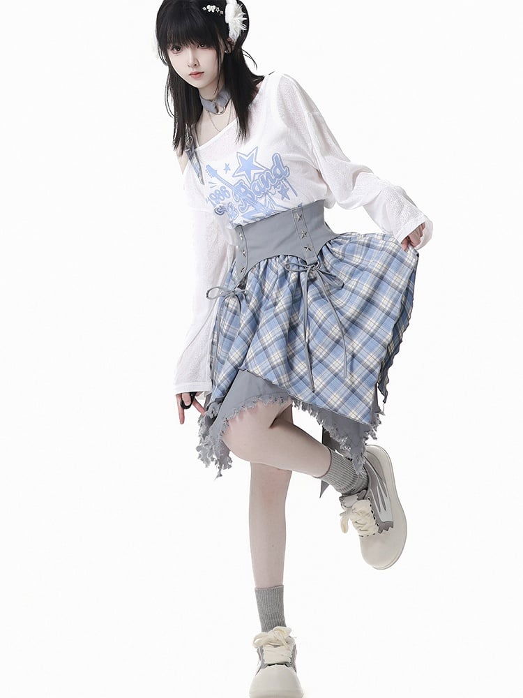 Plaid Skirt White /Black Frayed Handkerchief Hem Blue