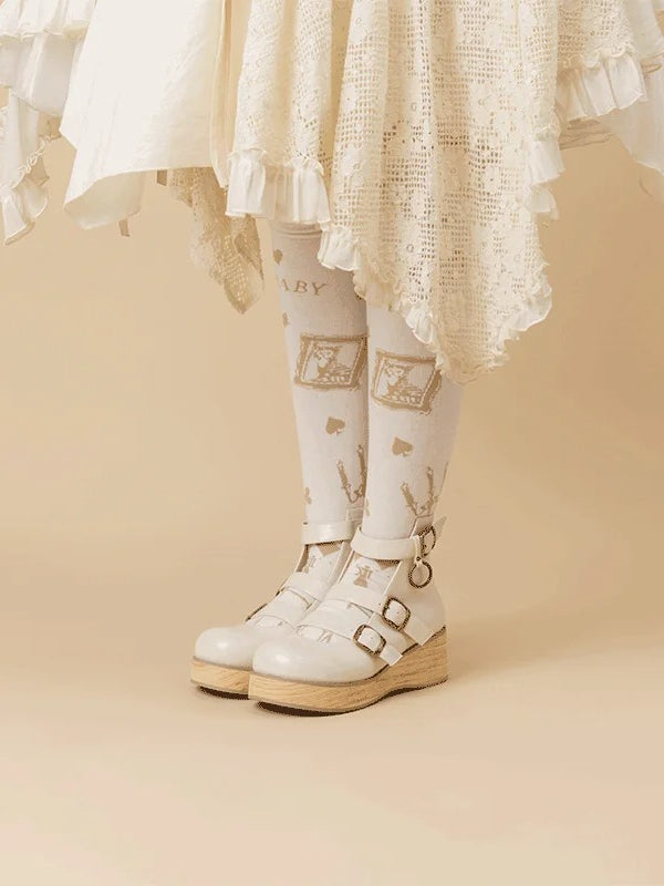 - Platforms Off-white Vintage Round Wood Sole 3 Straps Toe cm Wedge Grain Buckle 3–5