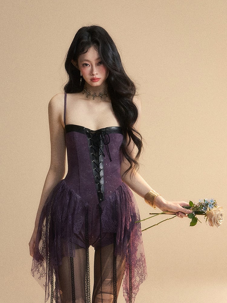 Hem Slip Dress Front Asymmetrical Lace Detail Shorts Purple Basque Waist Lace-up with Glamorous
