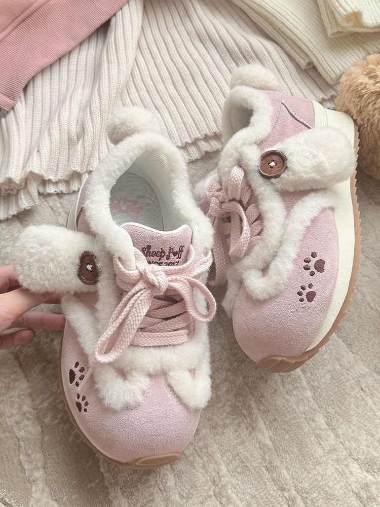 Sweet with Accents Ears Tail Paw Embroidery Sneakers Print - Plush Pink Dog Lolita