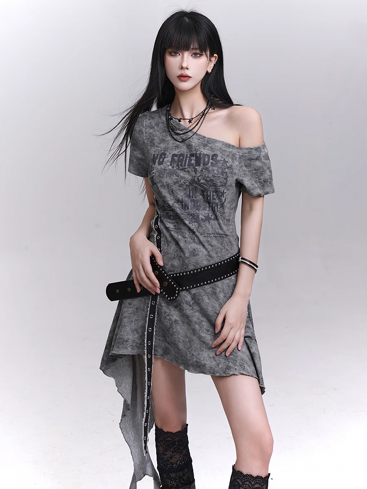 Belt Asymmetrical Neckline Cascading Ruffles Gray/Black Dress with Tie Dye Waist