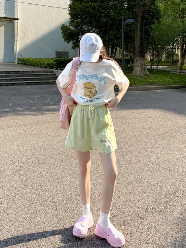 Shorts Green Drawstring Waist Casual Sports