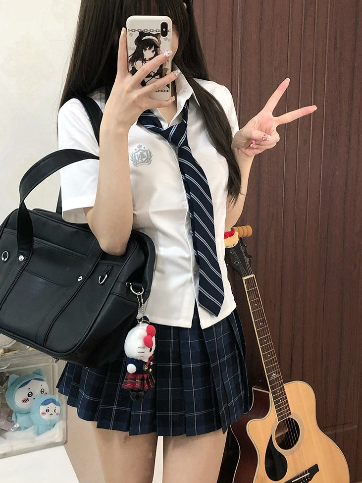 Badge Embroidered Preppy Uniform Sleeves Style JK White Short Shirt