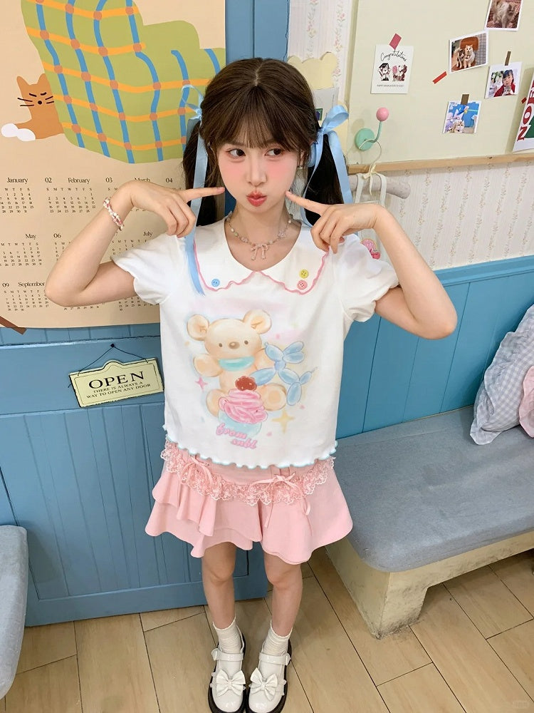 Cartoon Bear Print Hem White Peter Pan Collar Puff Sleeve Contrast Lettuce T-Shirt