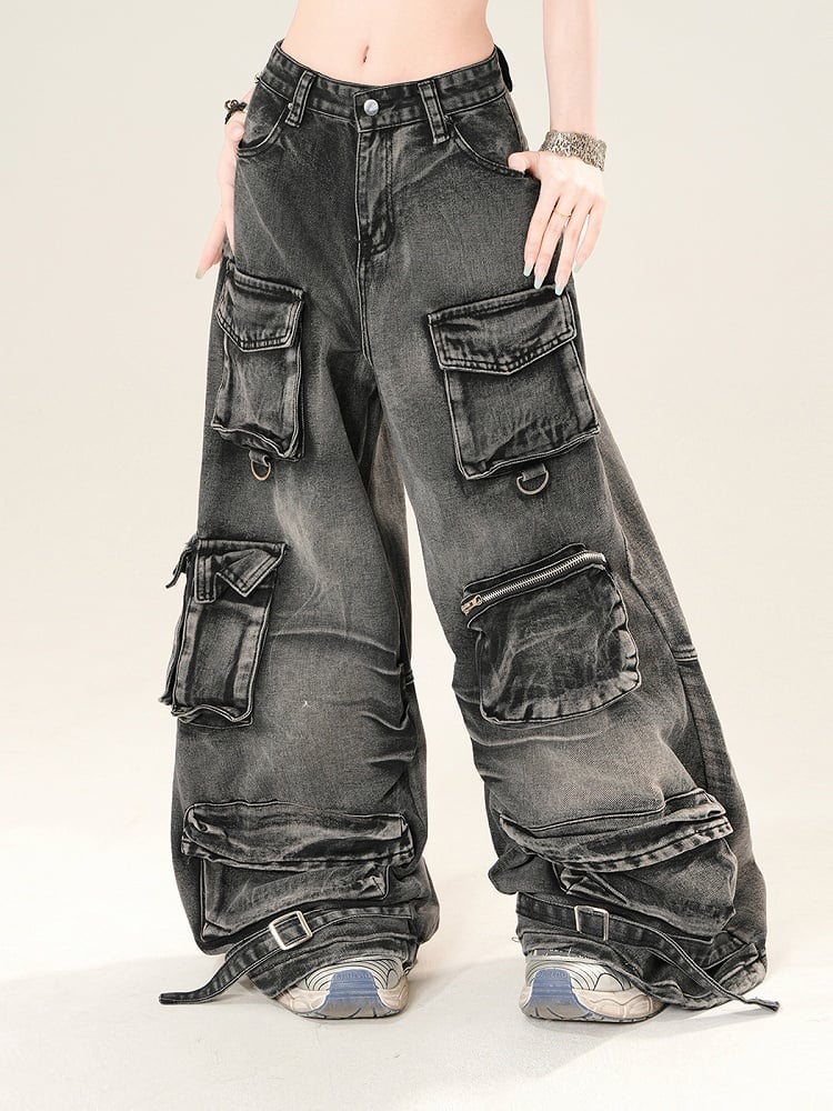 Black Low Rise Cargo Pockets Wide-Leg Jeans