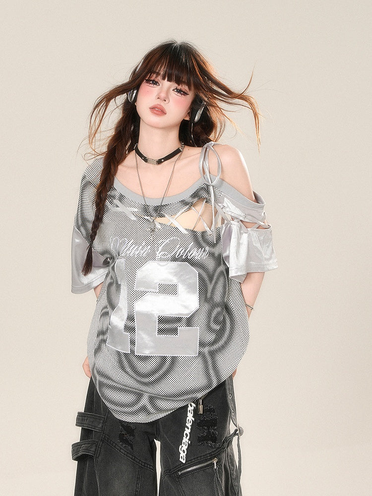 Gray Cutout Shoulder Embroidered Sports T-Shirt with Lace-up Detail