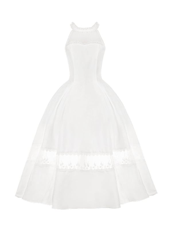 Lace Jacquard Illusion All Rosette Halter Neck White Prom Dress Panels Fabric