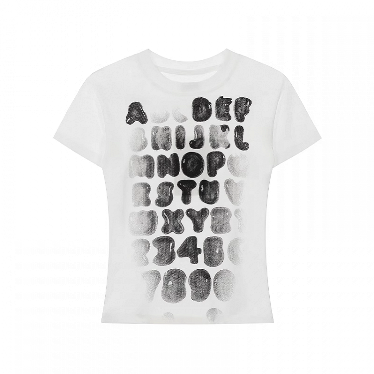 T-shirt White Round Neck Gradient Letter Print Slim-fitting