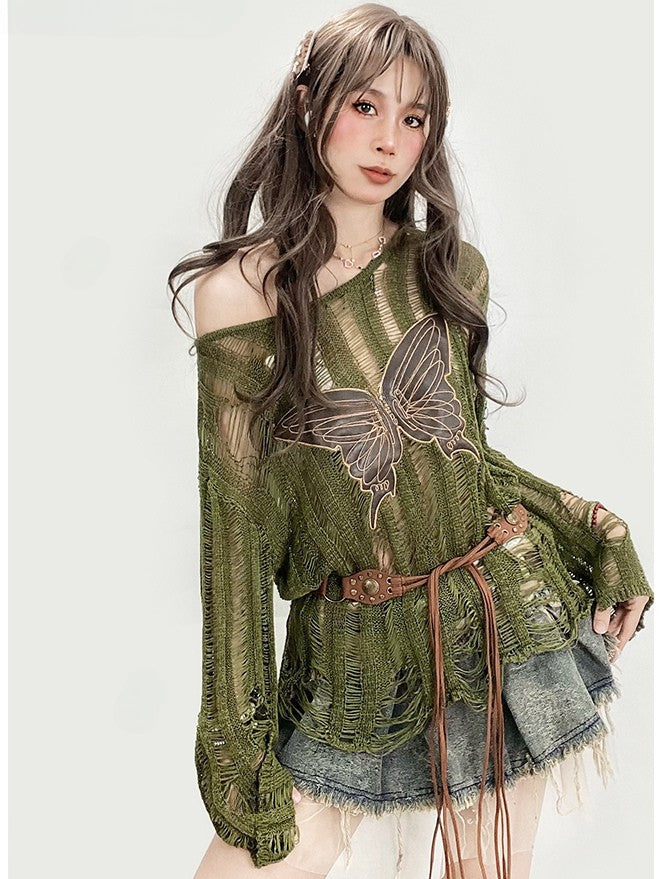 Knitted Protection Top Applique Sun Long Bittersweet Glamorous Sleeve Butterfly Green