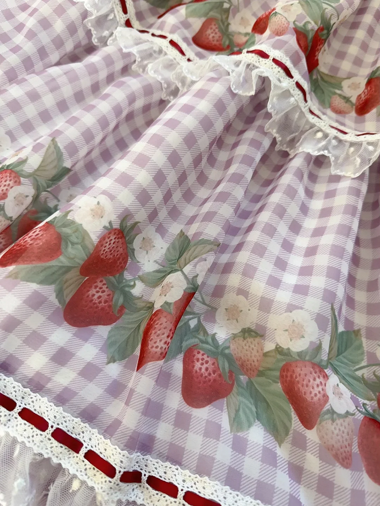 Cottagecore Strawberry Print Purple Picnic Gingham Dress Sweet Lolita Jumper Skirt