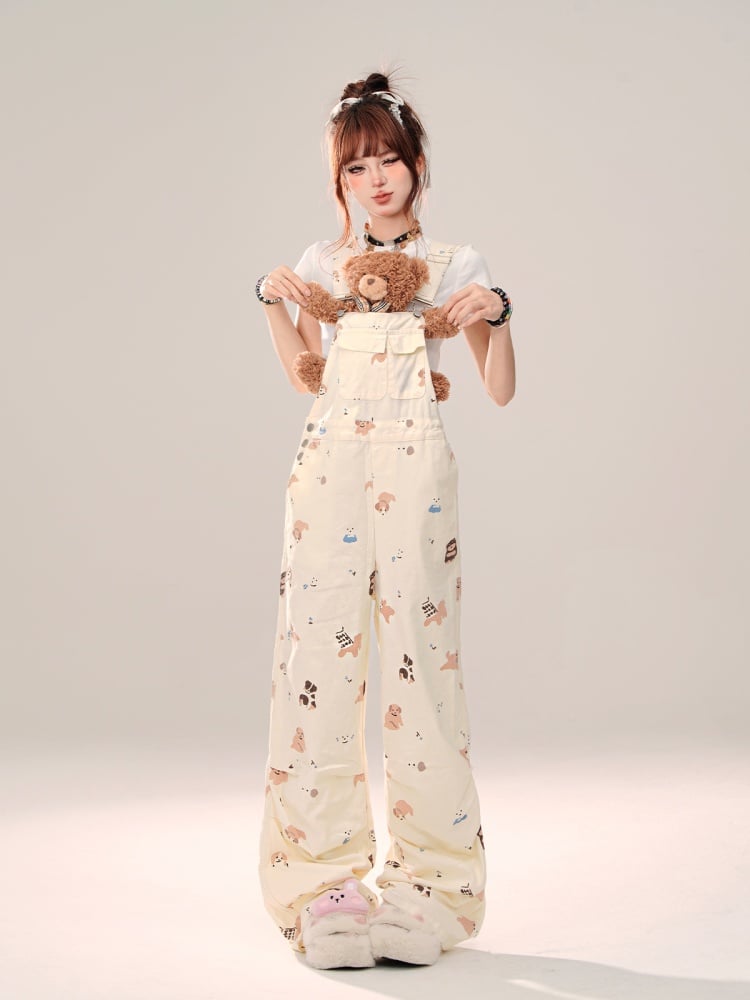 Beige Puppy Print Wide-leg Cut Overall Pants