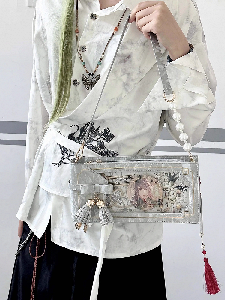 Floral Bag Silver Pattern Accent Style Bow PU Ita With Fringe Cheongsam