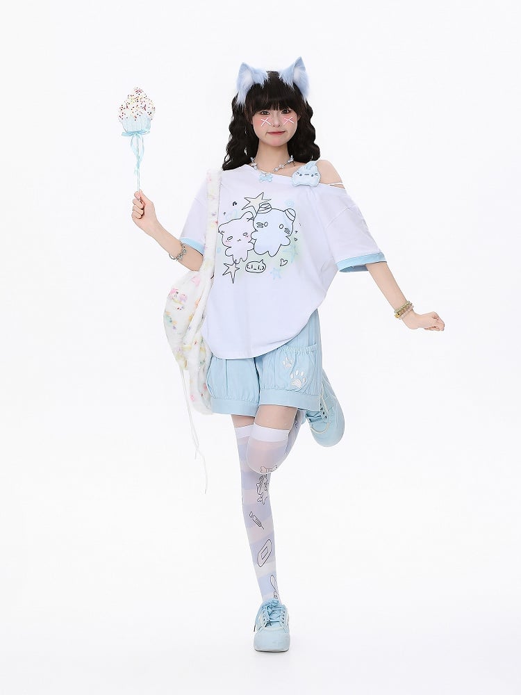 Playful Kitten One-Shoulder Tee Blue/Apricot/WhiteBlack