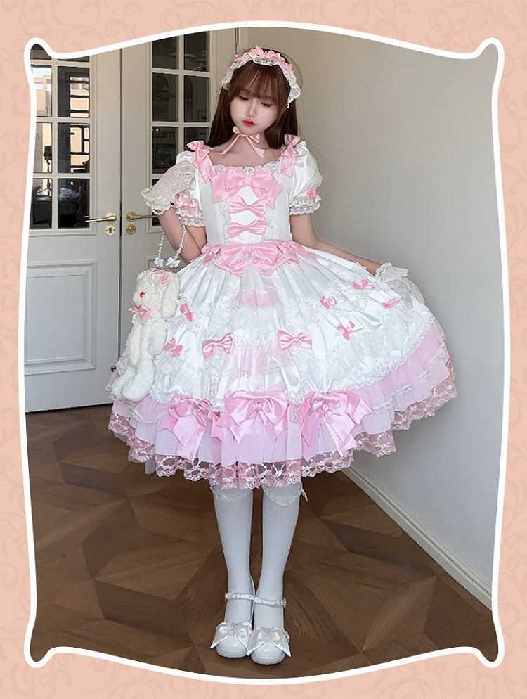 Dress High Sweet Pink with White Waist Sleeves Detachable Lolita Bow Princess Accents