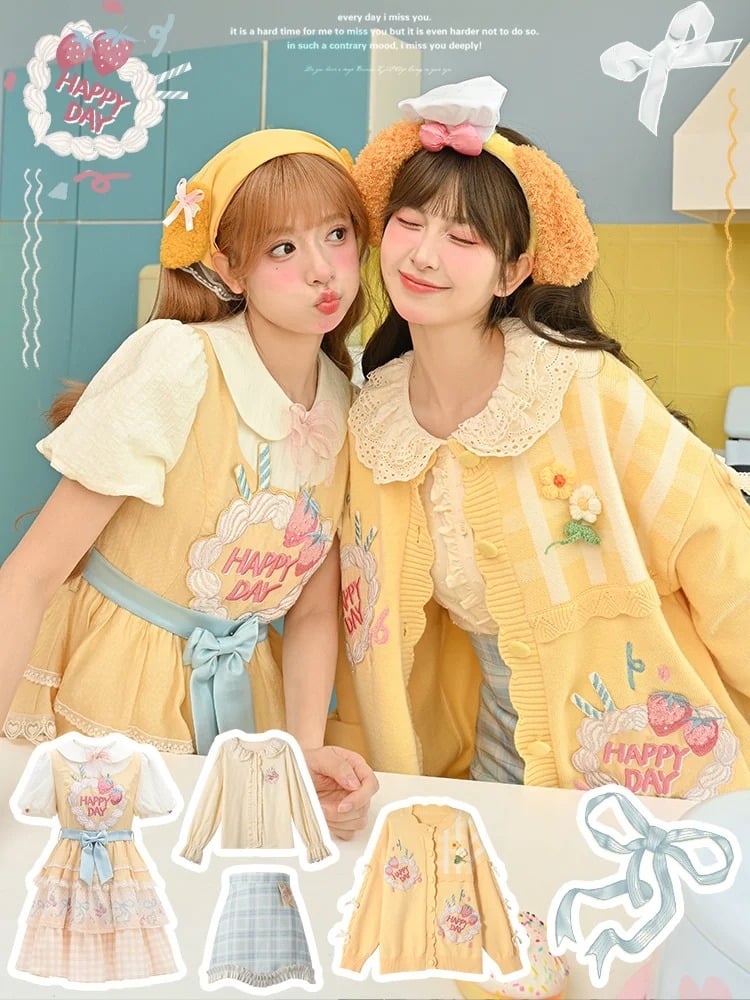 Kawaii Yellow Knitted Cardigan Floral Accents Creamy Yume Strawberry Cake Embroidered