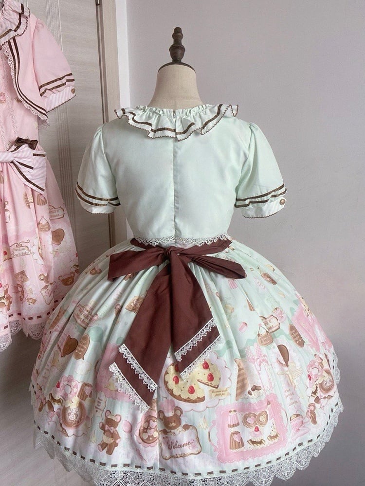 Green Sweet Mint Lolita Theme Desserts Two-pieces Print Dress Fake Design Bear