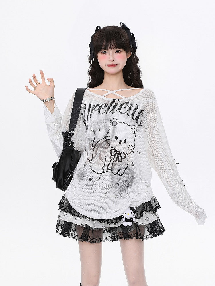 Black/White Semi-Sheer Knit Top with Cutout Sleeves and Cute Cat Print