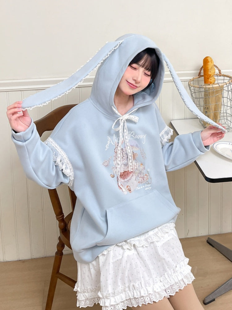 Yume Kawaii Blue Bunny Ear Hood Rabbit Print Hoodie