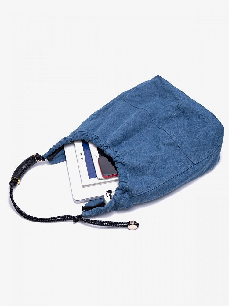 Denim Capacity Tote Shoulder Bag With Adjustable Braided Strap Blue Large