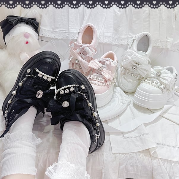 Platform Bow Jirai Top Chains Detail,Rhinestones Chunky Sneakers White Kei Beaded