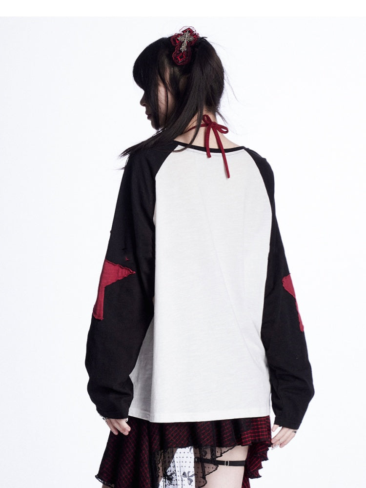 Loose Top Sleeves Black and White Colorblock Design Star Appliques