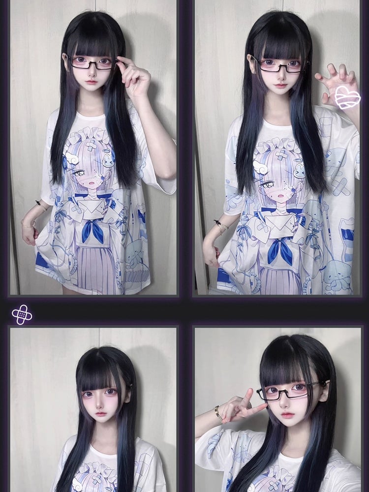 T-shirt Dark Otaku Aesthetic Black Kawaii Round Neck /White with Yami Anime Print