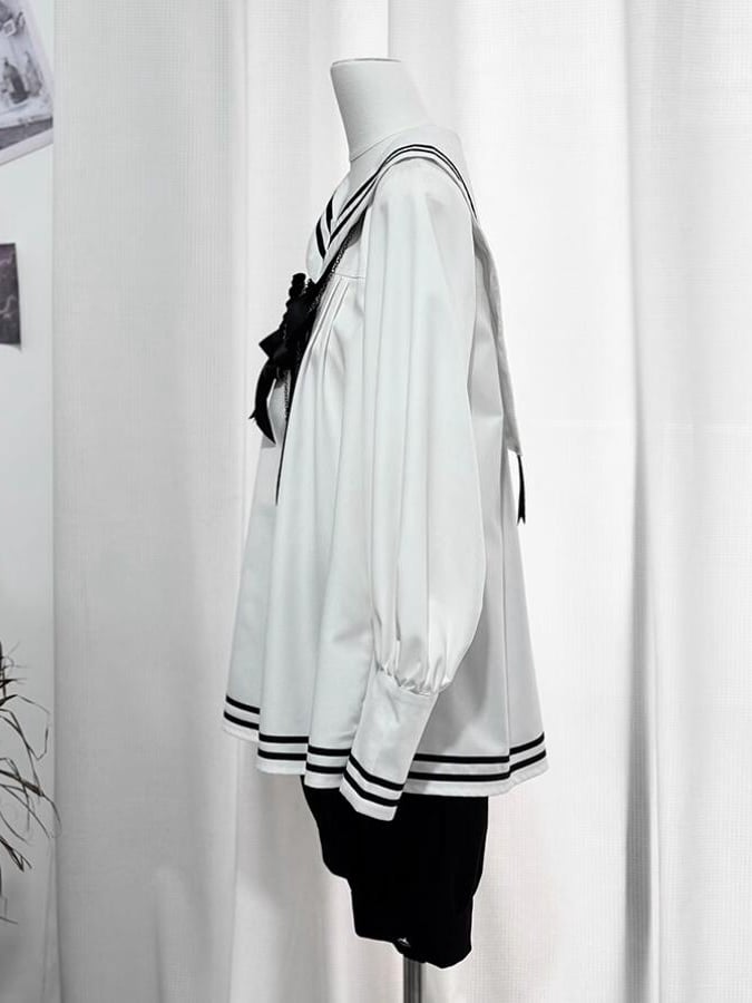 Shirt Sailor White and Collar Long Sleeves Black Shorts