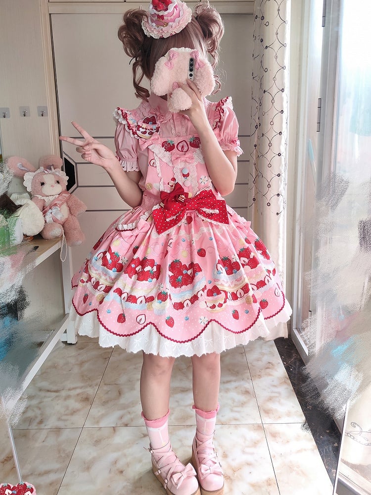 and Sweet Dessert Overall Pink Lolita Strawberry Dress Print