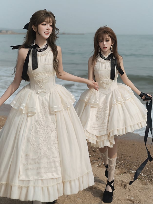 Lolita Halter Creamy Detail Embroidery Classic Delicate Backless Neck Dress