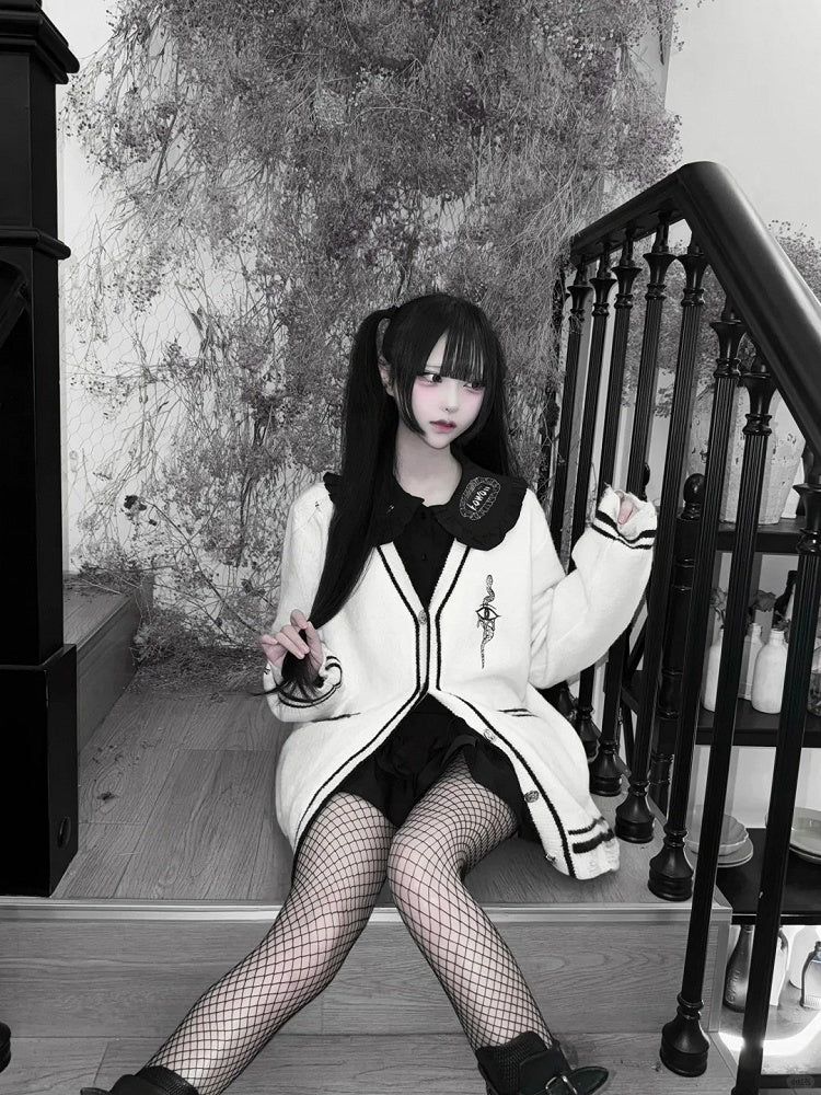 with Eye and Snake Embroidery Distressed Holes Knit Cardigan White