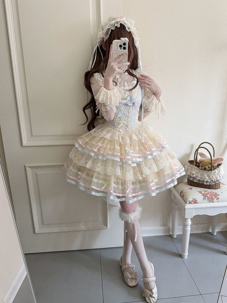 mit Schleifenrock JSK Lolita Lagenblaue Taille Großes Korsett Tüllrücken bei Princess