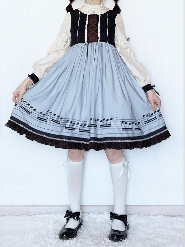 Robe Lolita d'automne bleue à manches longues et col pointu séparé, motif notes de musique