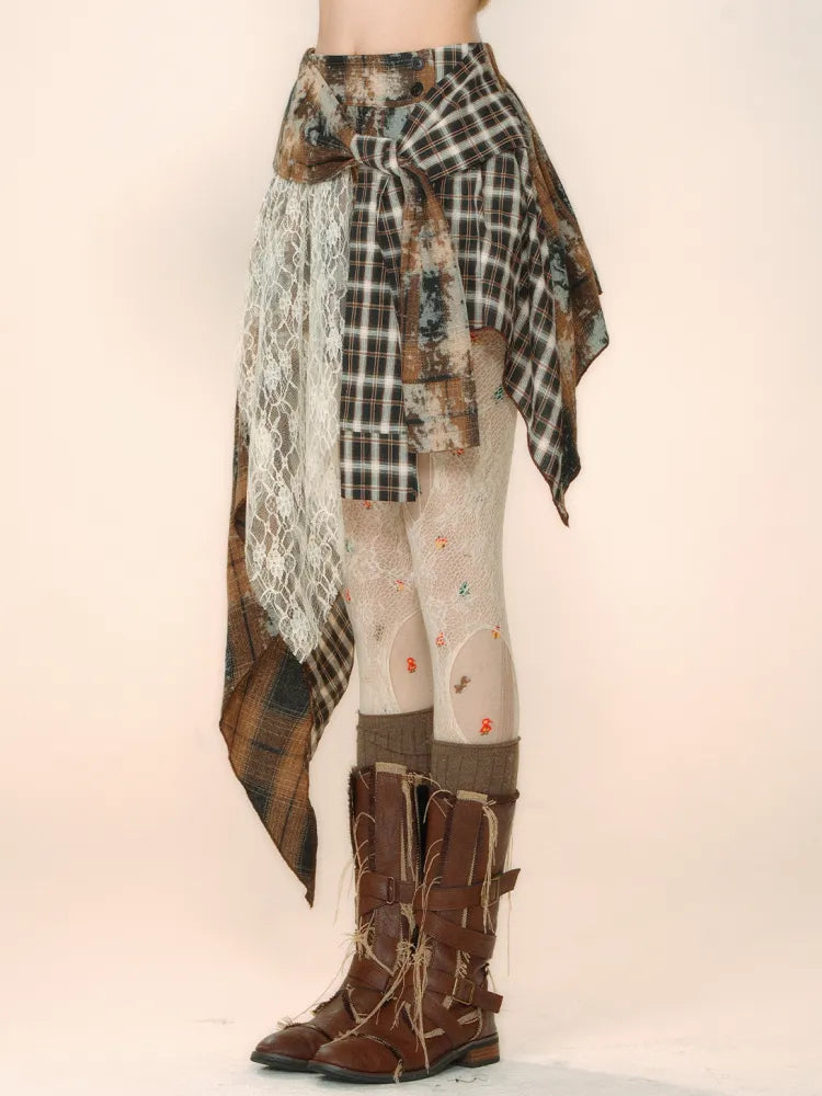 Belt Fabric Plaid Asymmetrical Skirt with and Coffee Lace Self-tie