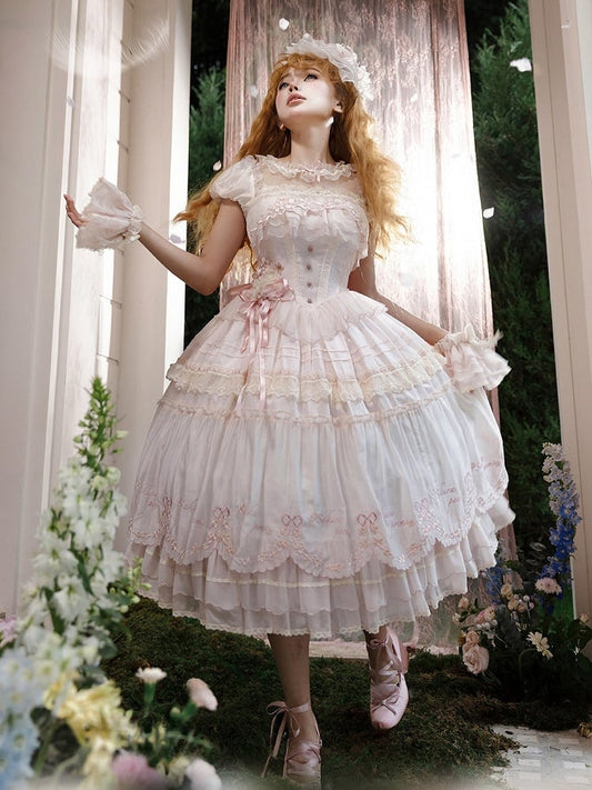 Embrodery Short Pink Dress Mini Blossom Delicate Sleeves Cherry Lolita Princess