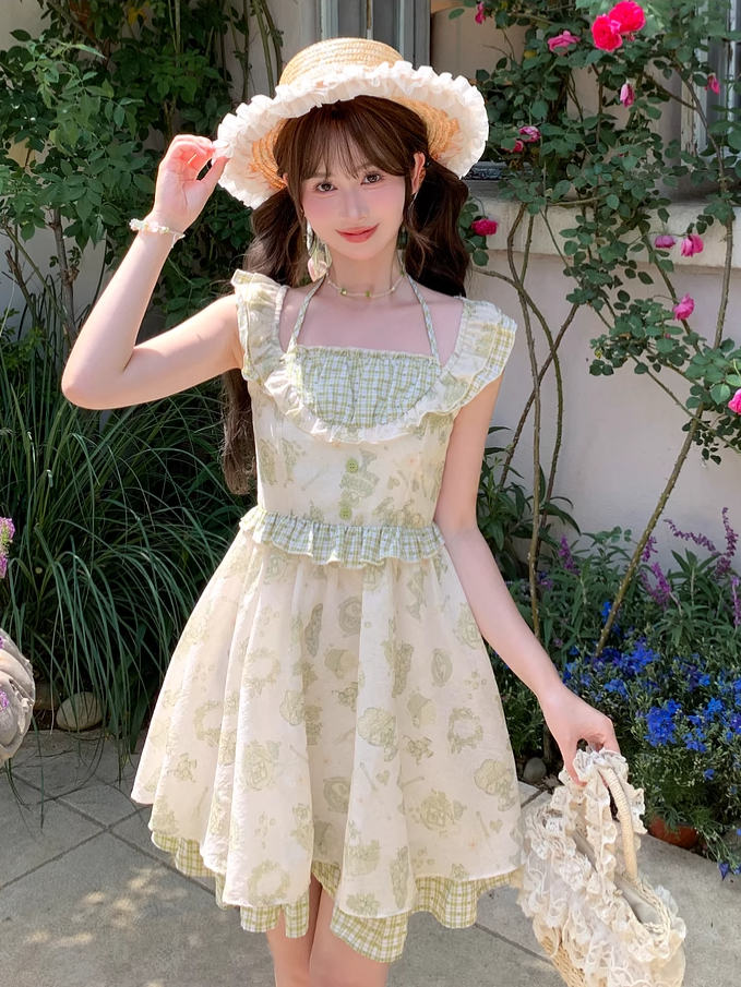Kei Green Plaid Flutter Sleeves Halter Dress Light Cartoon Print Mori