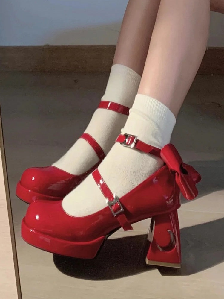 Buckles Decorative Starry Jane Shoes and with Back Wine Night Star Y2K Platform Moon Red - Mary Bow
