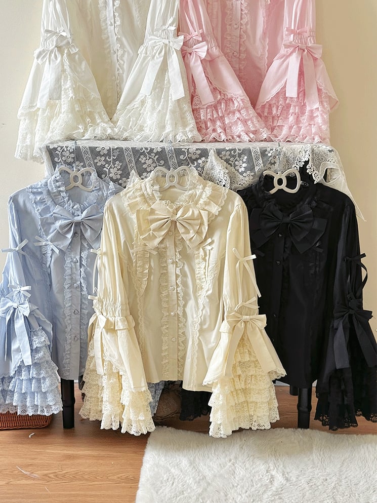 Blau Rosa Bluse Glockengröße Weiß / Lolita Ärmel Plus Aprikose Schwarz