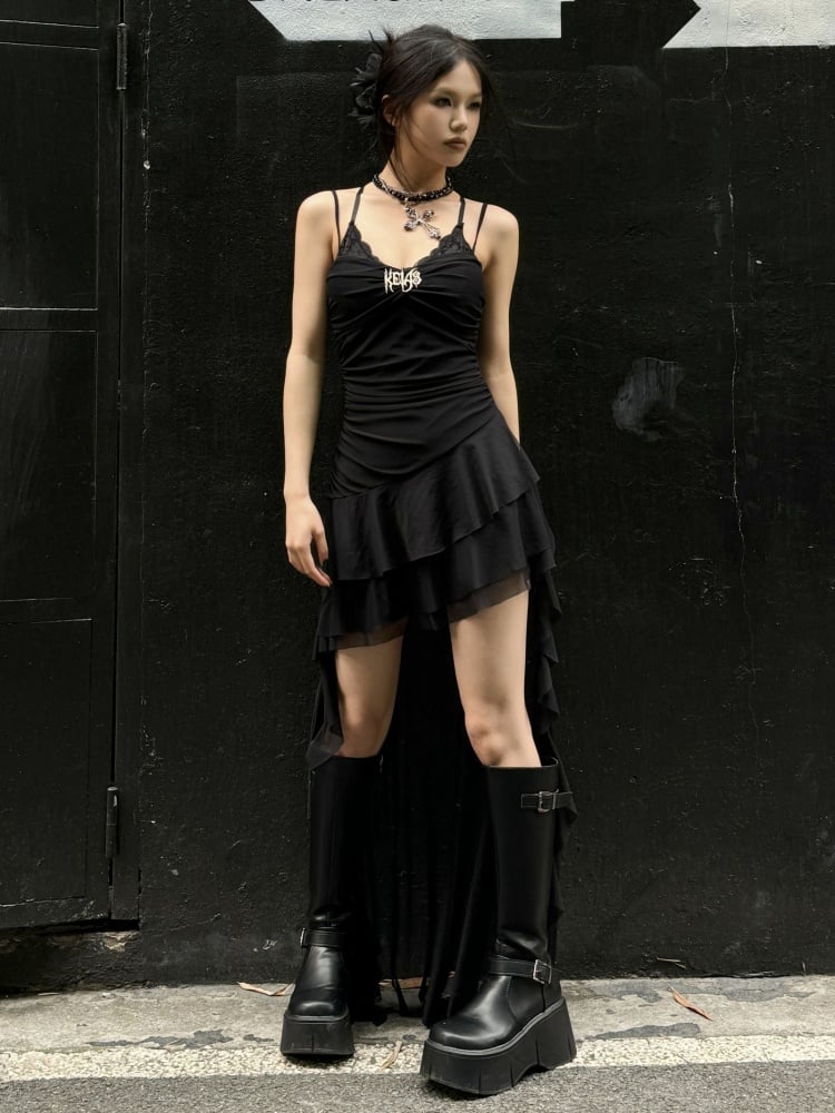 Schwarzes Punkrock-Sommerkleid mit Spaghettiträgern