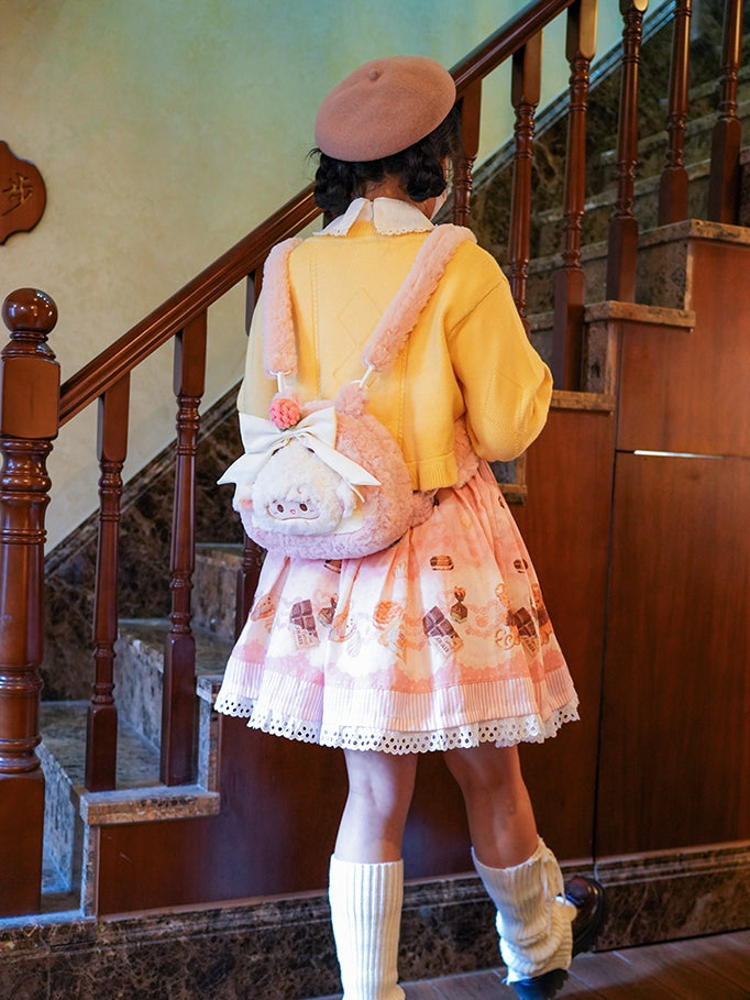 Pink Decorated Lamb Backpack Plush Bowknot