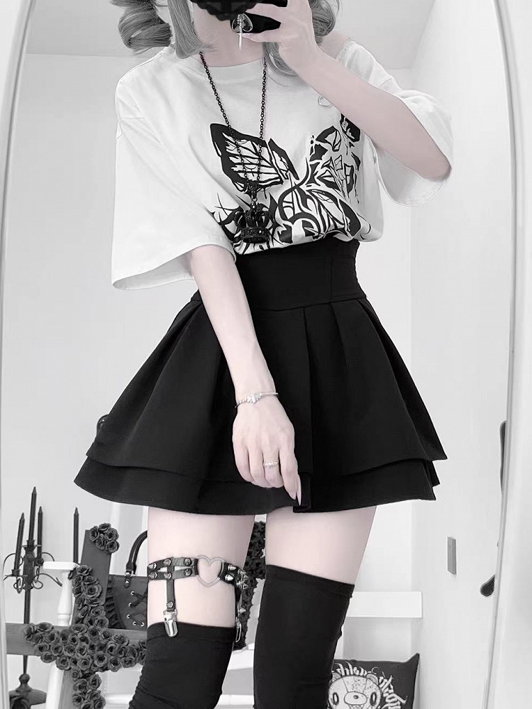 Kei T-shirt Jirai Broken Butterfly Print Lace-up Side Black/White