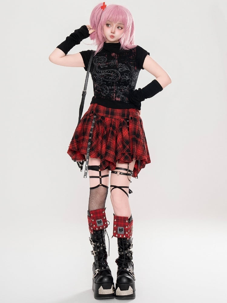 Edgy Y2K Kawaii Snake Schwarz/Hellgrau T-Shirt mit abnehmbaren Ärmeln